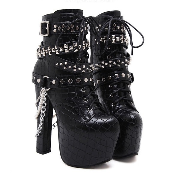 🍒 3PC SET HAT BOOTS GLOVES CHAIN STUD PUNK HIGH HEEL PLATFORM FINGERLESS GOTHIC - Picture 9 of 16